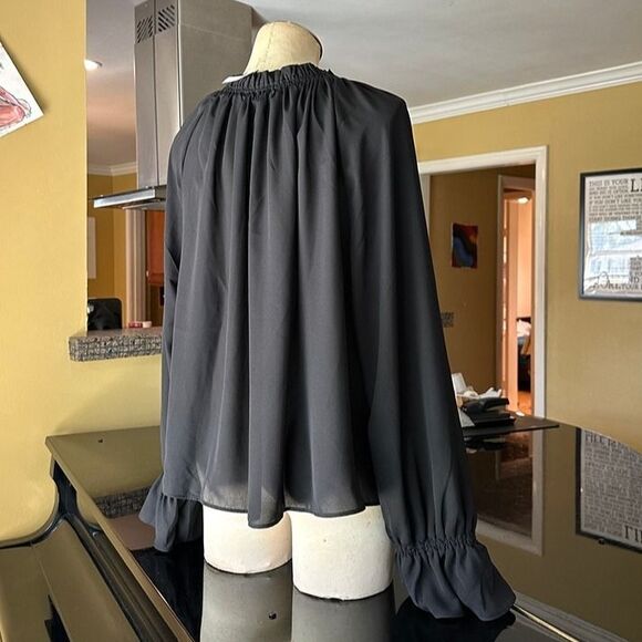 NWT Madewell Black Semi-Sheer Long Sleeve Tie Neck Ruffled Cuff Chiffon Blouse - Picture 8 of 12